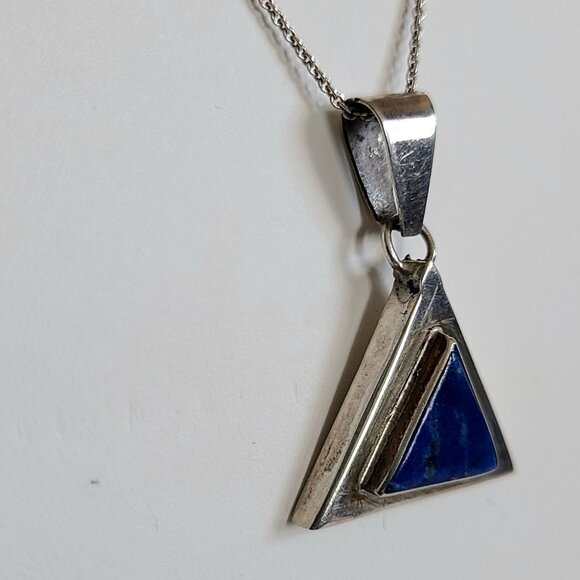 Lapis Lazuli and sterling silver triangular necklace on chain. - Picture 8 of 10